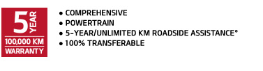 5-year 100,000 km warranty logo - Comprehensive, Powertrain, 5-year/unlimited KM roadside assistance&deg;, 100% transferable
