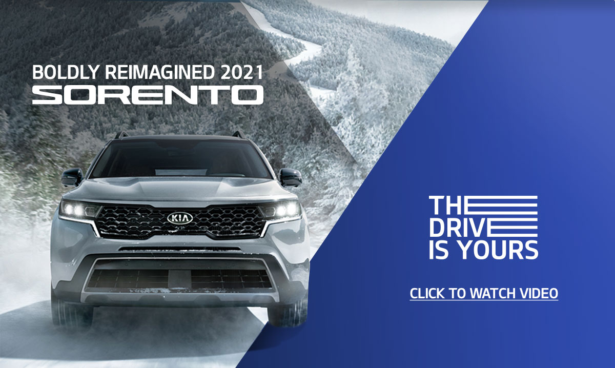 BOLDLY REIMAGINED 2021 SORENTO. THE DRIVE IS YOURS. front view of a Sorento driving through a snowy forest. CLICK TO WATCH VIDEO